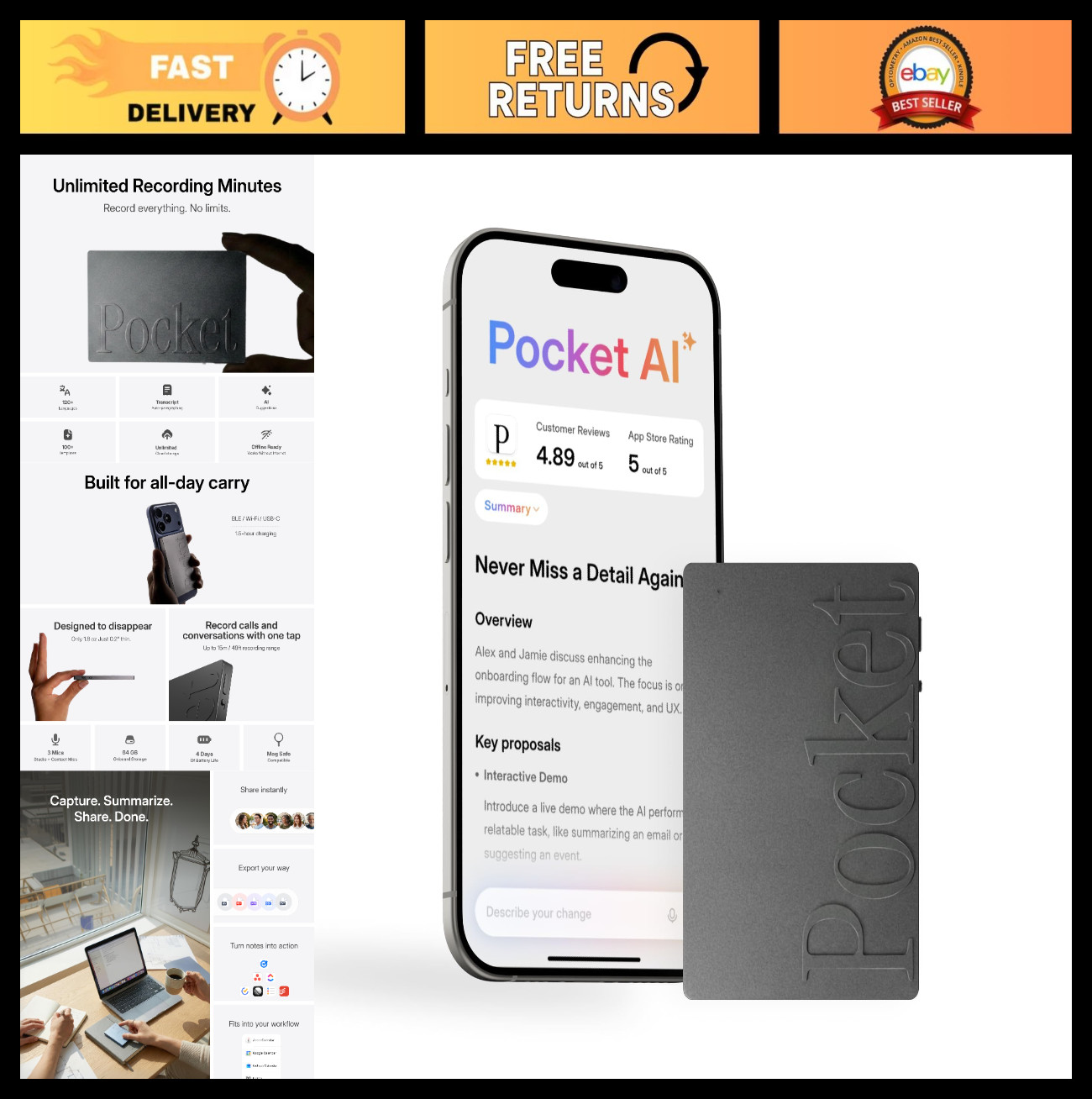 Compact AI Voice Recorder & Note Taker for Meetings & Calls - Space Grey