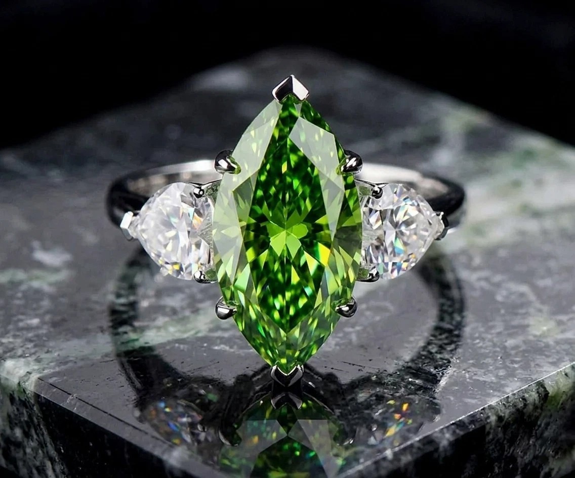 Elegant 5.50 Ct Certified Leaf Green Diamond Ring, In 925 Silver, Great Shine 