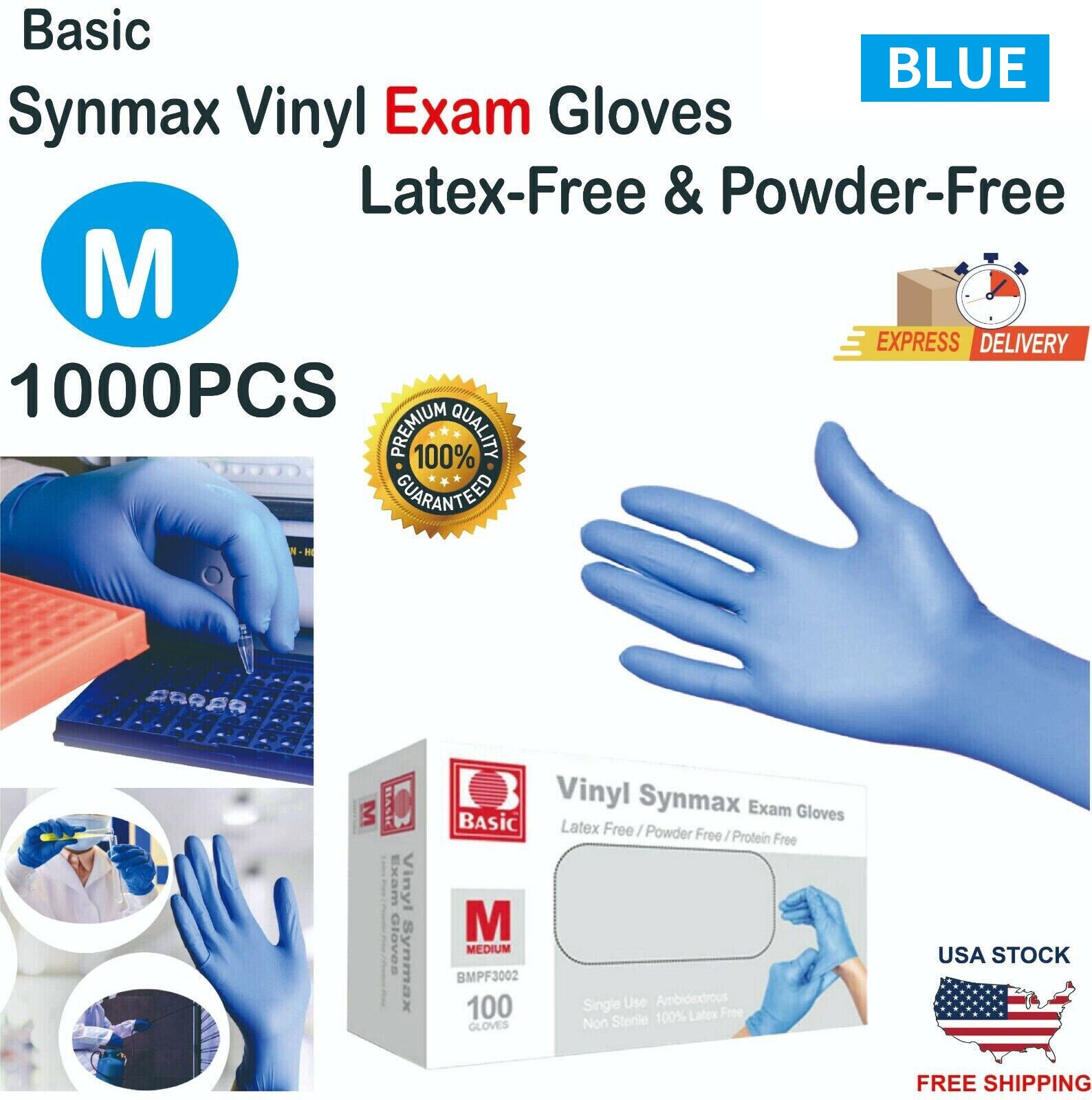 1000PCS  Basic Blue Vinyl Synmax Exam Gloves  M-SIZE
