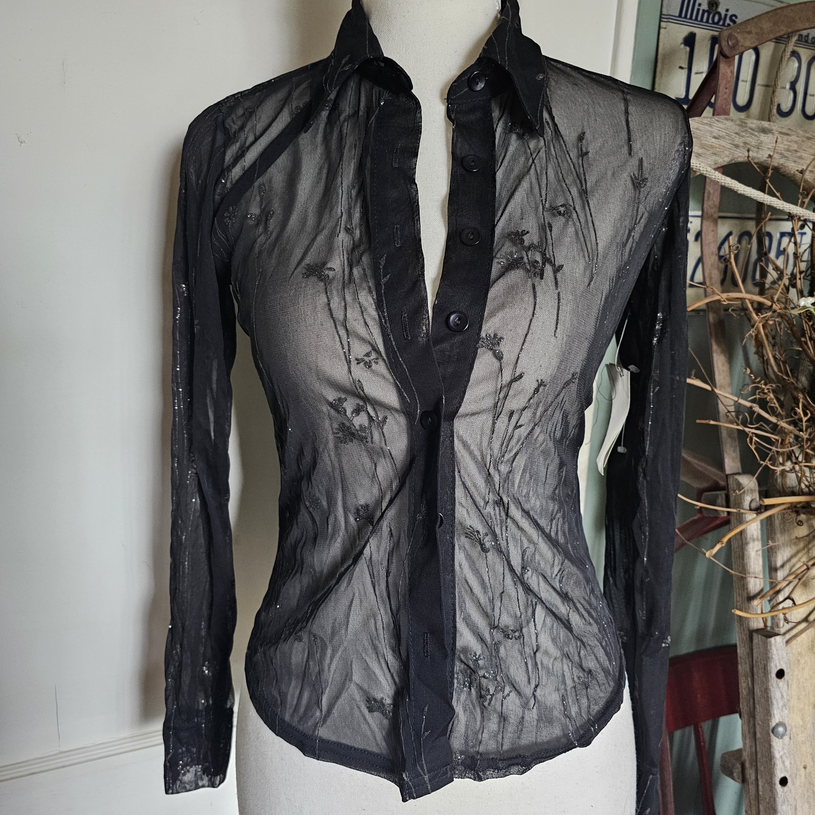 Y2K Vtg Anxiety Cafe Black Floral Glitter Mesh Fairy Top SZ S Whimsigoth 90s NWT Y2K Vtg Anxiety Cafe Black Floral Glitter Mesh Fairy Top SZ S Whimsigoth 90s NWT