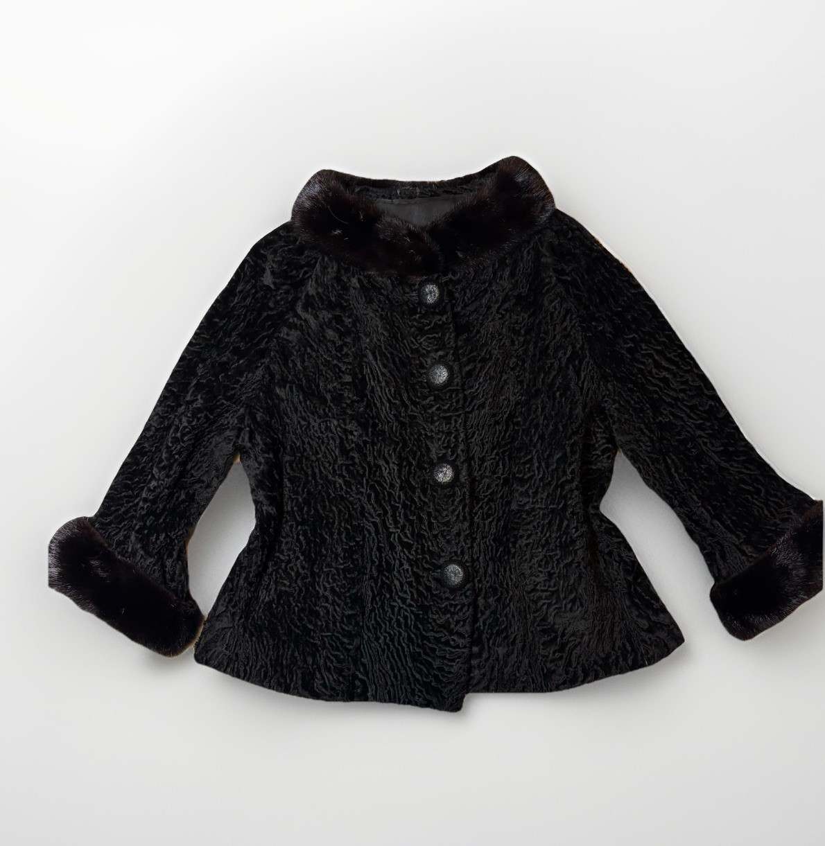 Vtg  Adolph Richman Lensdel Persian Lamb Fur Coat Mink Collar Black Jacket