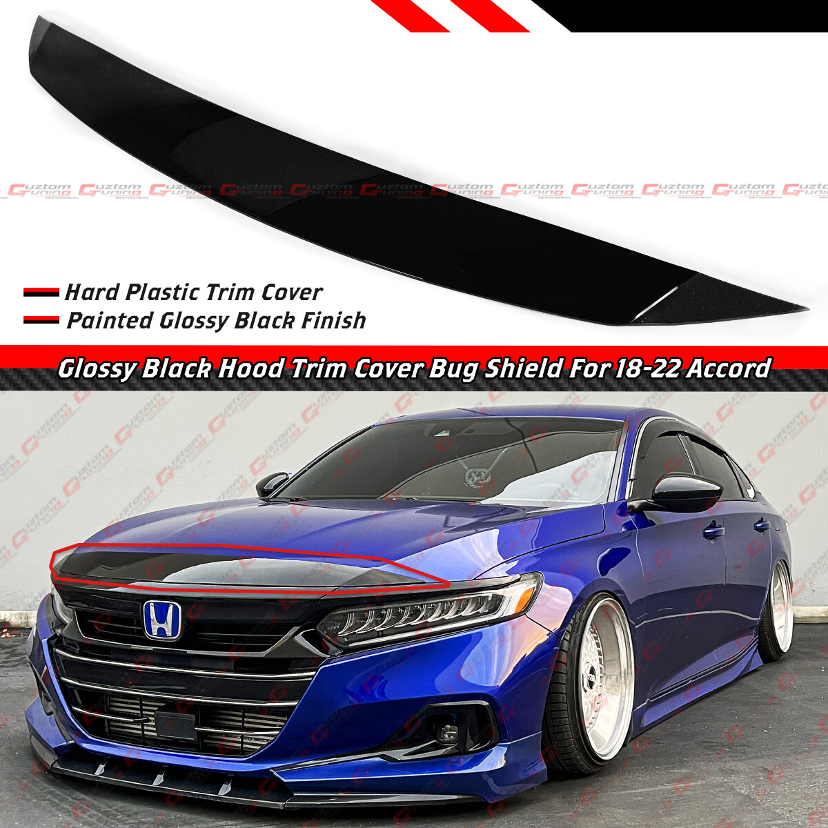FOR 18-22 HONDA ACCORD GLOSS BLACK FRONT BUMPER UPPER HOOD TRIM COVER BUG SHIELD