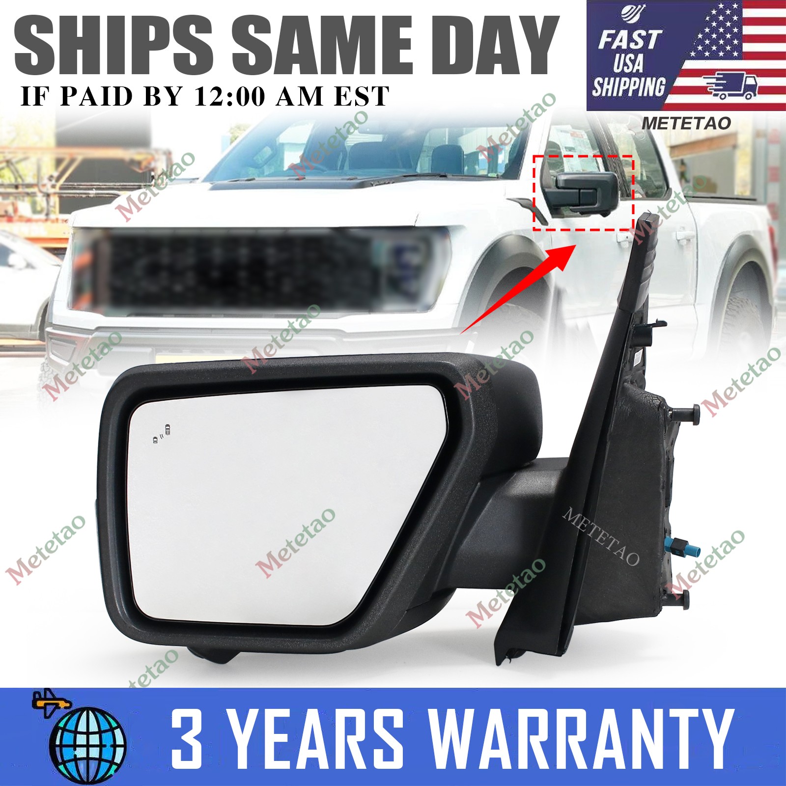For 2021-2024 Ford F150 F-150 Left Driver Side Turn Signal Door Mirror w/ Camera