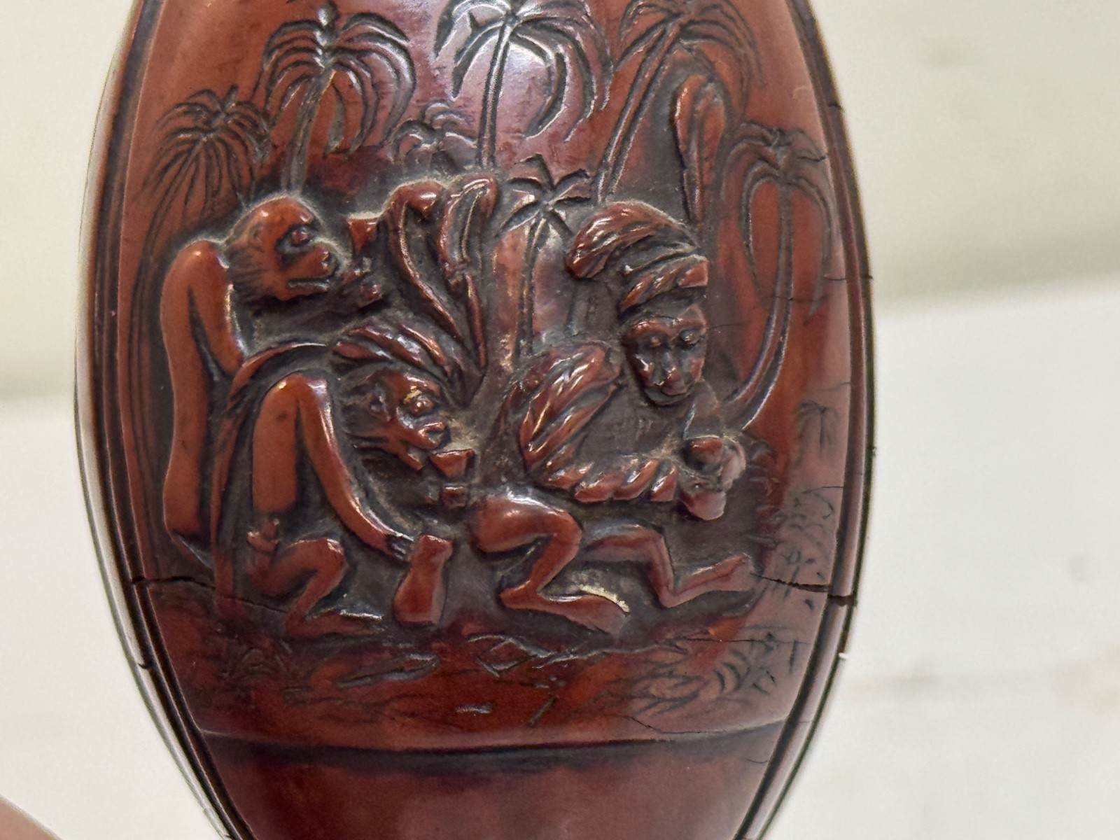 Antique Carved Coco de Mer Half Nut Box Vase Seychelles Sailor Scrimshaw Art