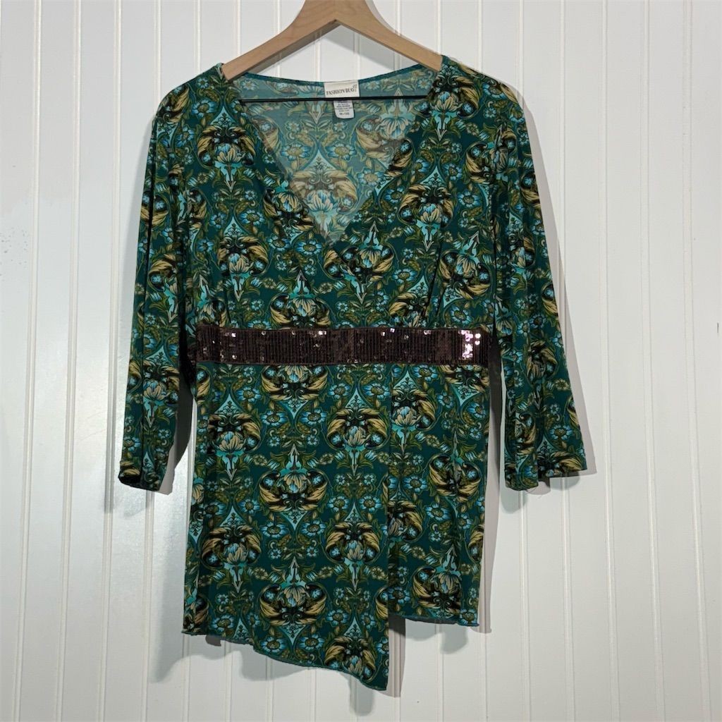 Fashion Bug Plus 18/20 Top Green Baroque Print Sequin Waist Surplice Asym Hem