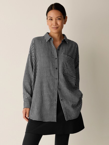 Eileen Fisher Wool Cotton Check Classic Collar Long Shirt, BLACK NEW WT