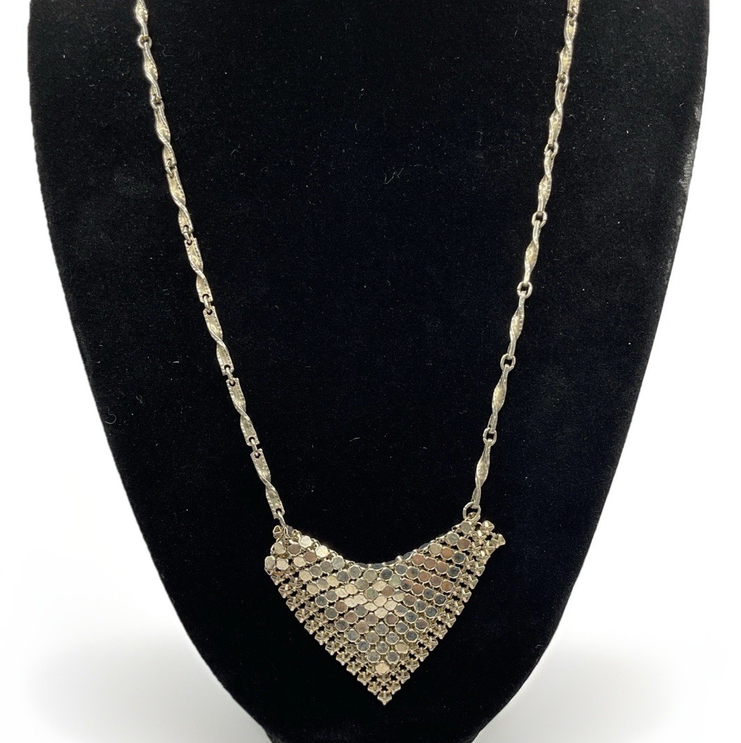 Vintage Hobe Mesh Bib Necklace Silver Tone Disco Glam Cleopatra Statement 19”