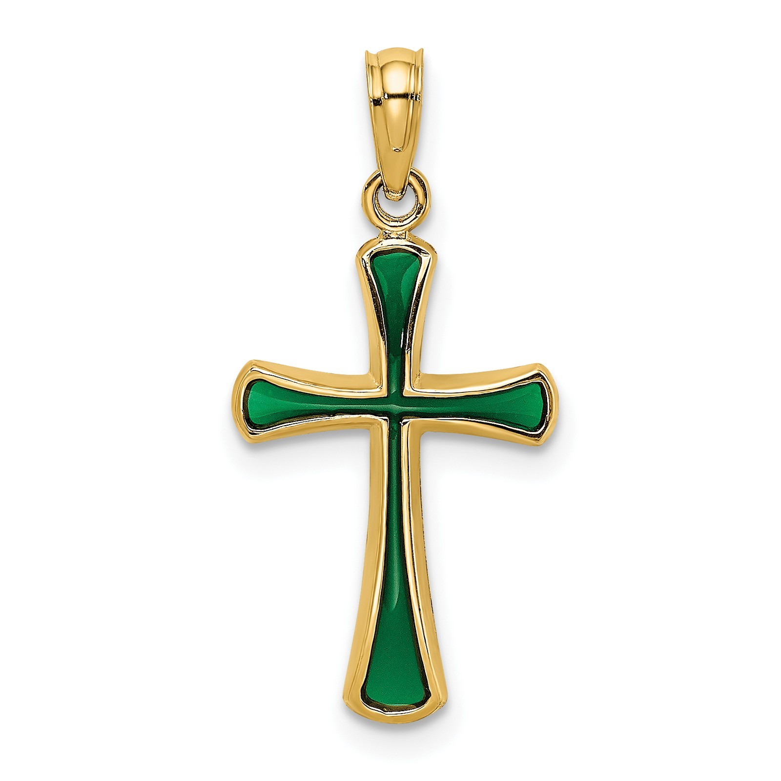 Green Tapered Cross Pendant 19.2x13mm 14k Yellow Gold Religious Solid Enamel
