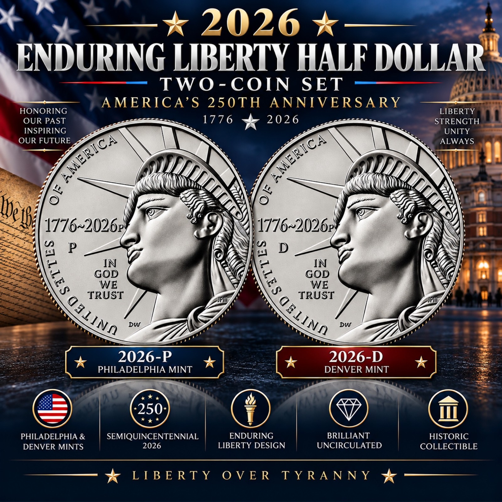 2026 Enduring Liberty Half Dollar 2-Coin Set - 250th Anniversary Commemorative 2026 Enduring Liberty Half Dollar 2-Coin Set - 250th Anniversary Commemorative