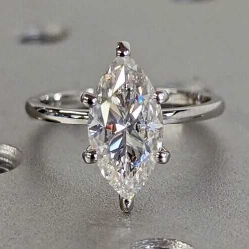 Solitair 3.00 Ct Marquise Cut Off White Treated Diamond Ring 925 Sterling Silver