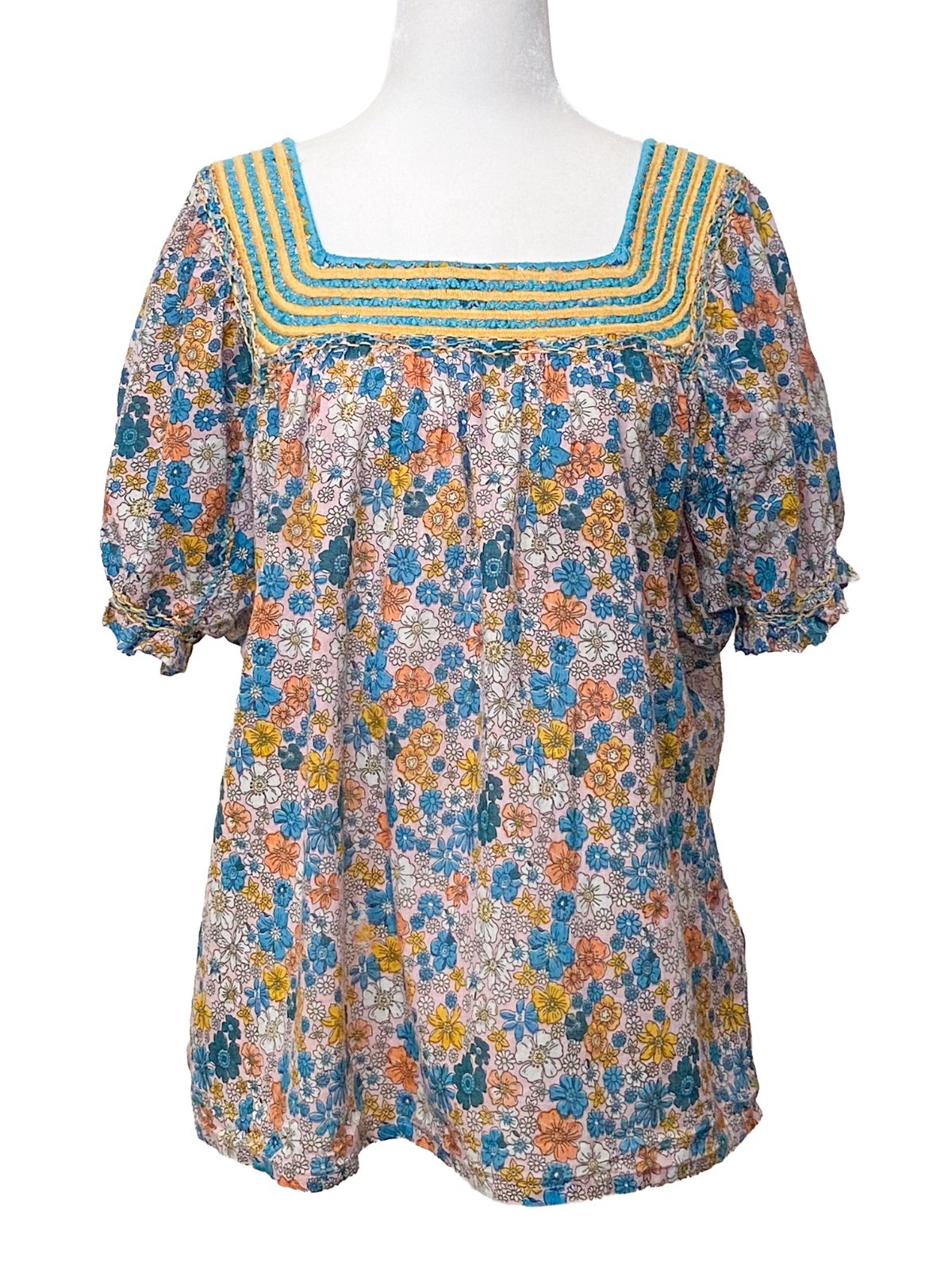SISTER MARY Elana Pink Floral Square Neck Boho Embroidered Blouse Size M Cotton