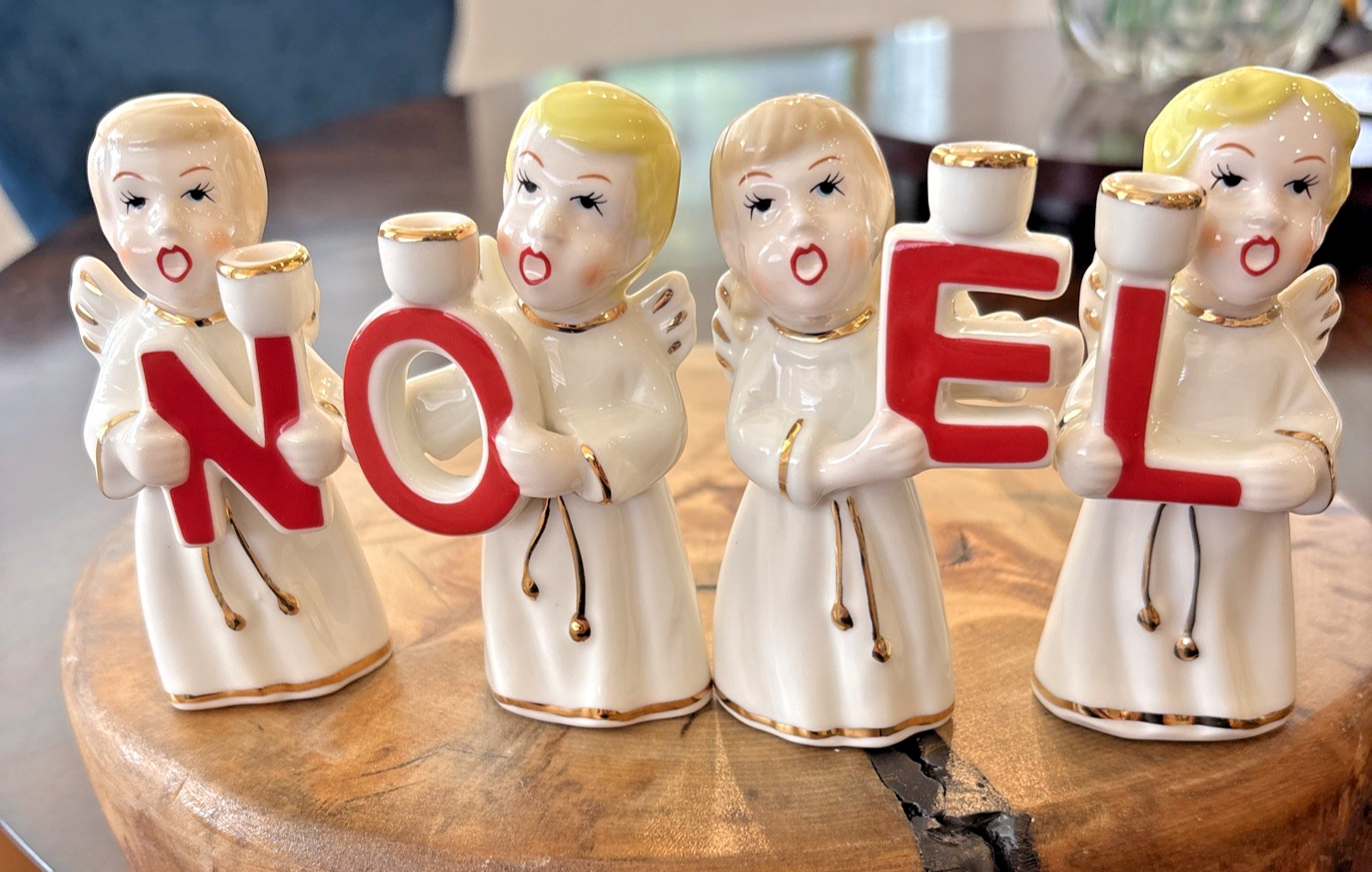 Vintage Inspired Noel Angels Set of 4 Gold Trim Ceramic Candle Holders Red NOEL Vintage Inspired Noel Angels Set of 4 Gold Trim Ceramic Candle Holders Red NOEL