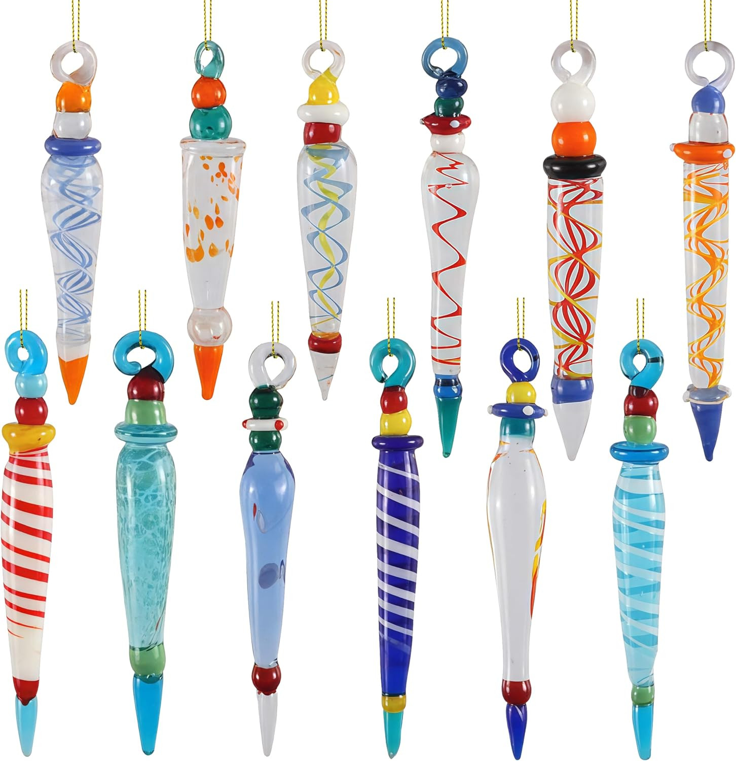 JOYIN 12Pcs Colorful Glass Icicle Ornaments with Crystal Line for Christmas Tree