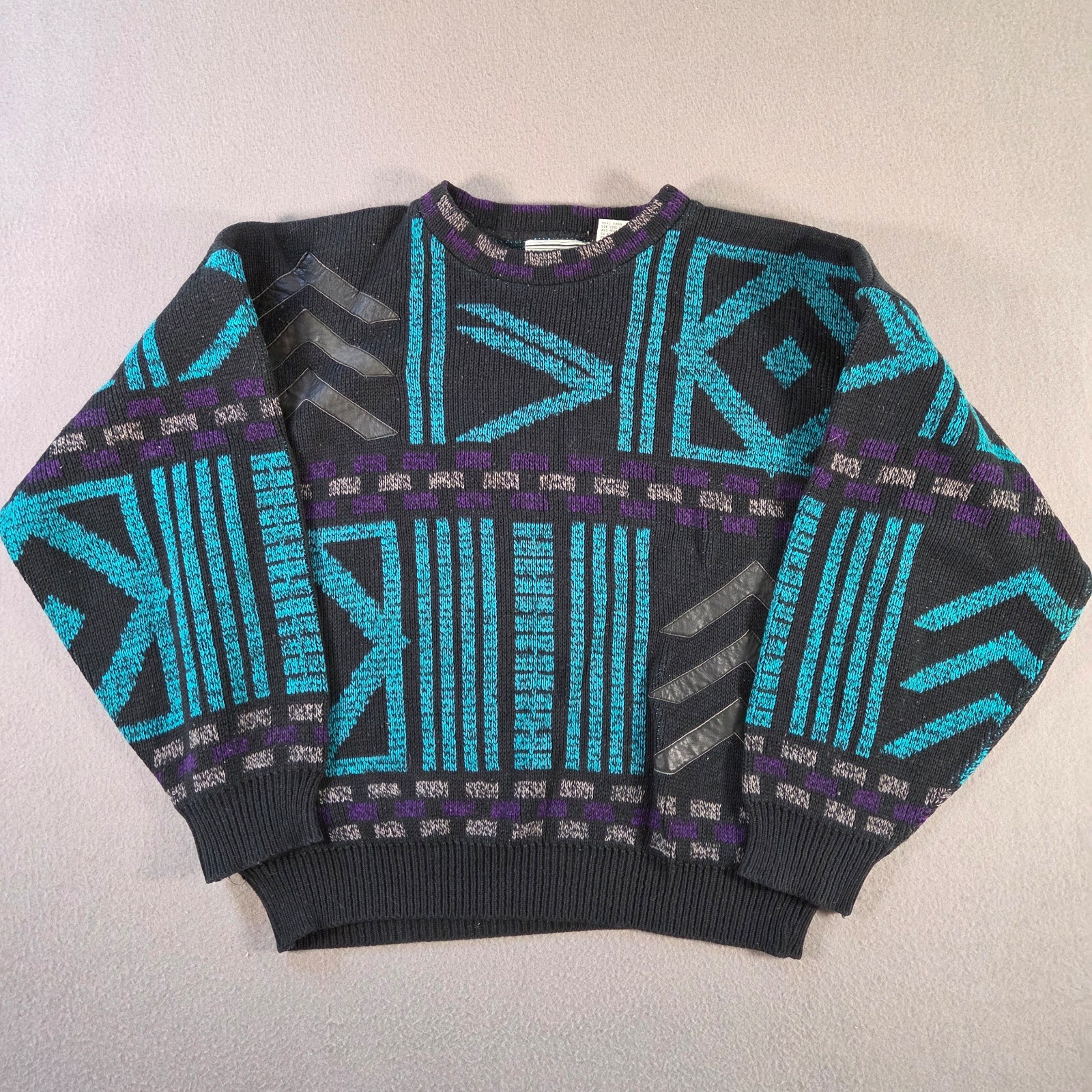 Vintage Gabrielle Sweater Mens Large Geometric Leather Trim Crewneck Pullover