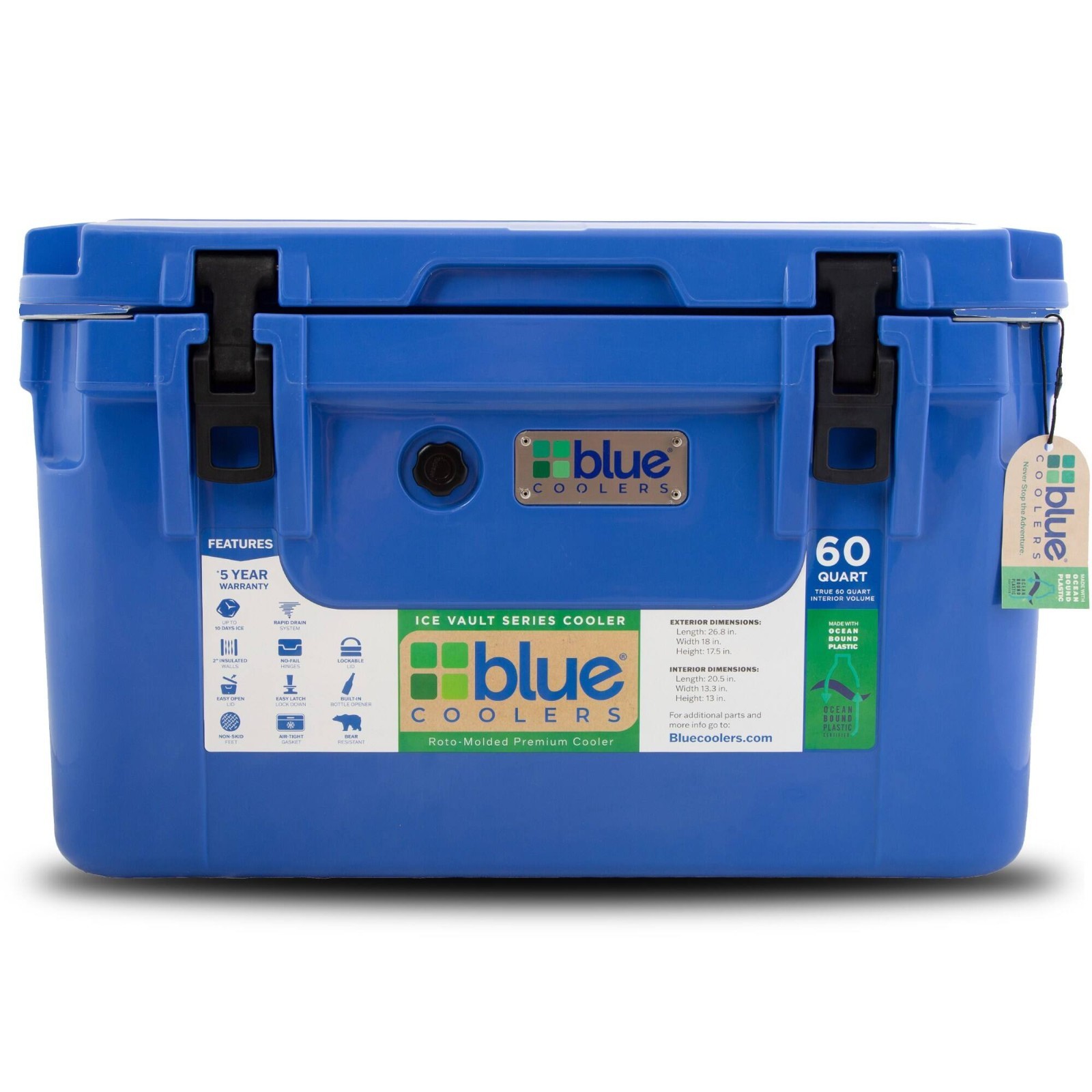 Blue Coolers 60 Quart Roto-Molded Cooler Ocean Bound Plastic New Blue Coolers 60 Quart Roto-Molded Cooler Ocean Bound Plastic New