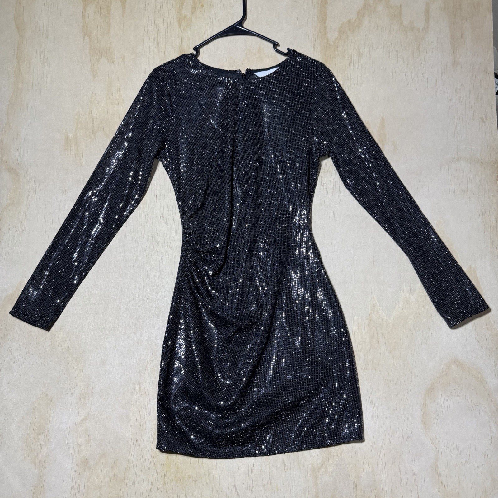 H&M Women’s Medium Black Sequin Mini Dress Long Sleeve Ruched Bodycon Party NWT