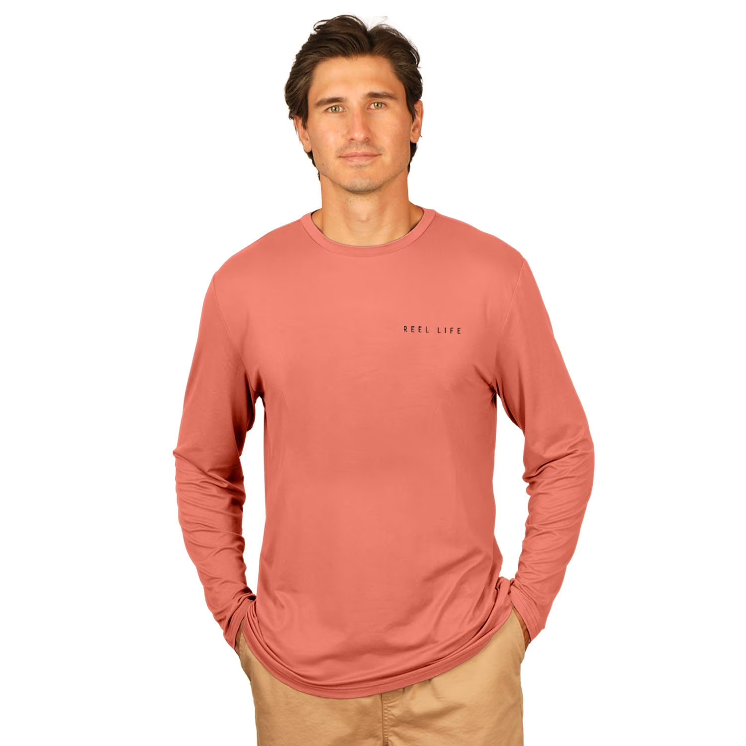 NWT Reel Life Men\'s Long Sleeve UV Tee Size S Coral