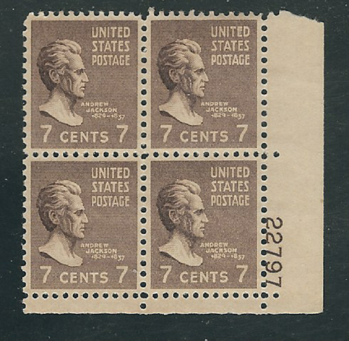 Scott #812...7 Cent...Andrew Jackson...Plate Block...MNH Scott #812...7 Cent...Andrew Jackson...Plate Block...MNH