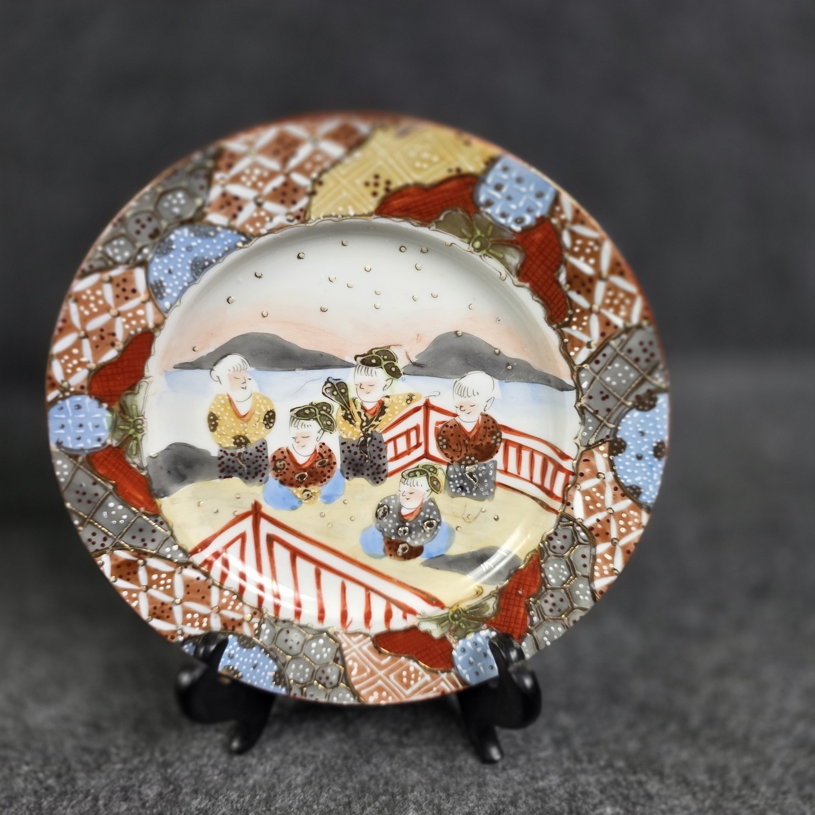 Antique Japanese Satsuma Hand Painted Cabinet Plate Multi Panel Figures Bird Gil