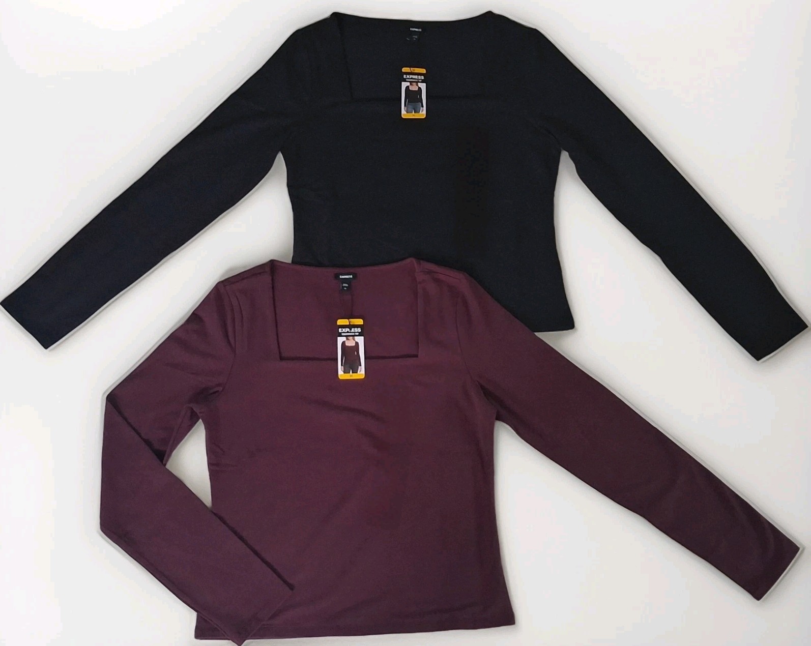 Express Square Neck Long Sleeve Body Con Top Size Small Black & Burgundy New