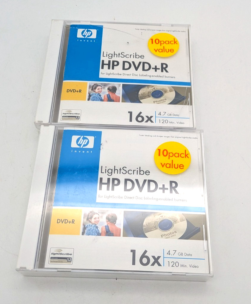 HP LightScribe DVD+R 10-Pack (16x, 4.7 GB Data, 120 Minute Video) New TWO PACK HP LightScribe DVD+R 10-Pack (16x, 4.7 GB Data, 120 Minute Video) New TWO PACK