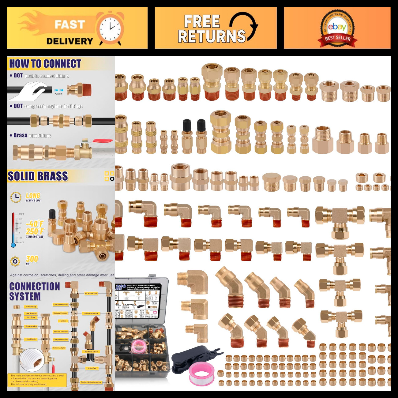 200 Pcs Brass Air Brake Line Compression Fittings Kit - Durable, High-Quality Pa