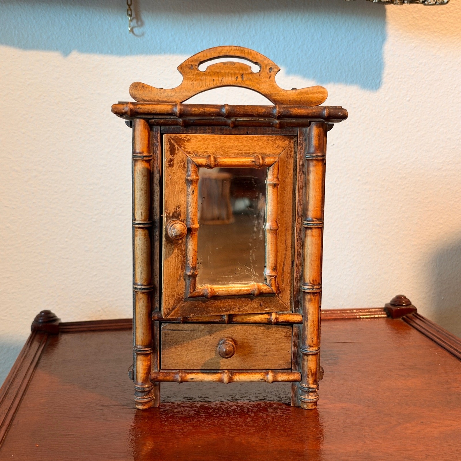 Antique French Faux Bamboo Mini Cabinet Hanging Armoire with Mirror & Drawer