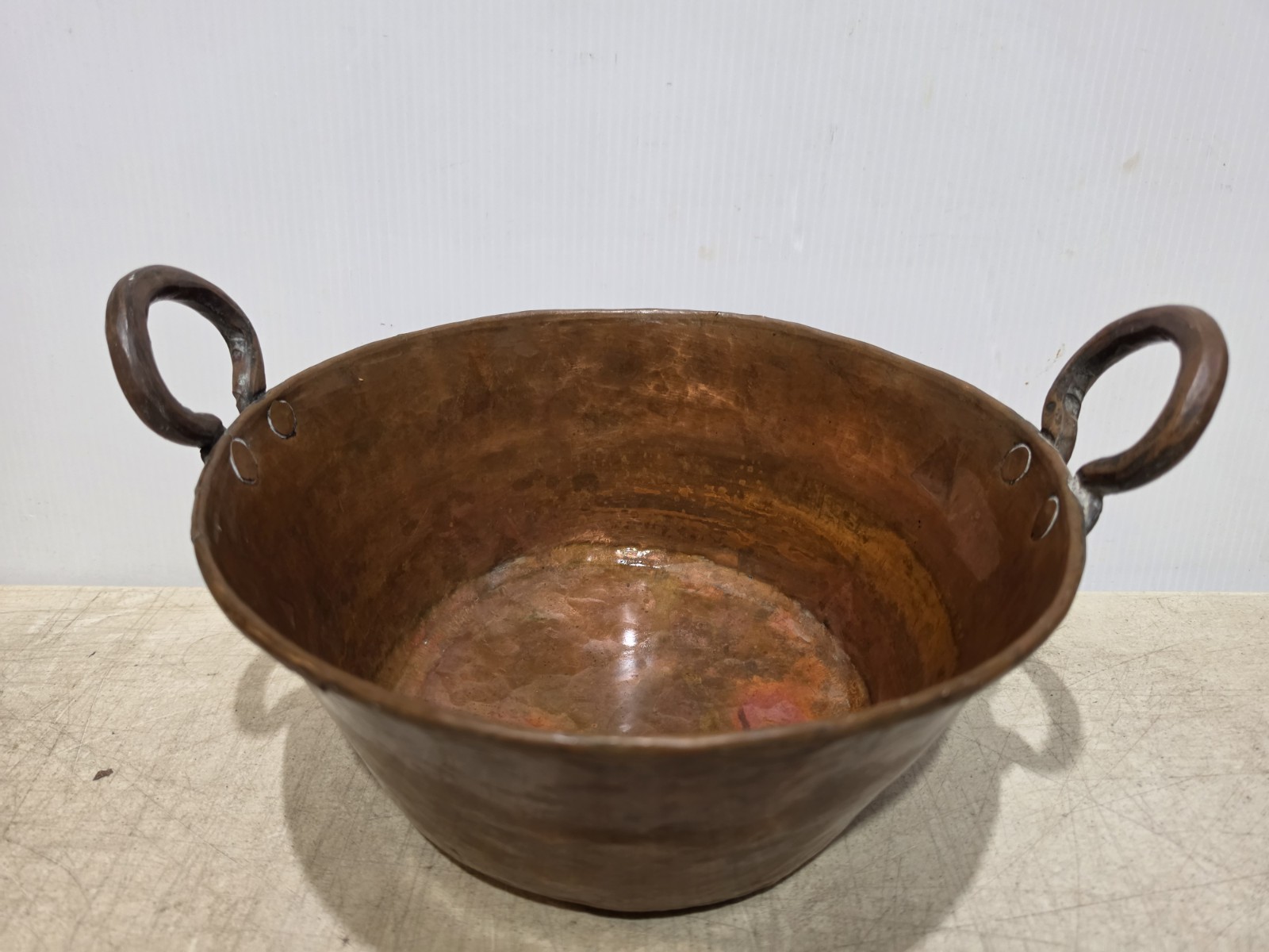 Large Antique Hand Hammered Copper Cauldron Kettle with Double Handles Large Antique Hand Hammered Copper Cauldron Kettle with Double Handles