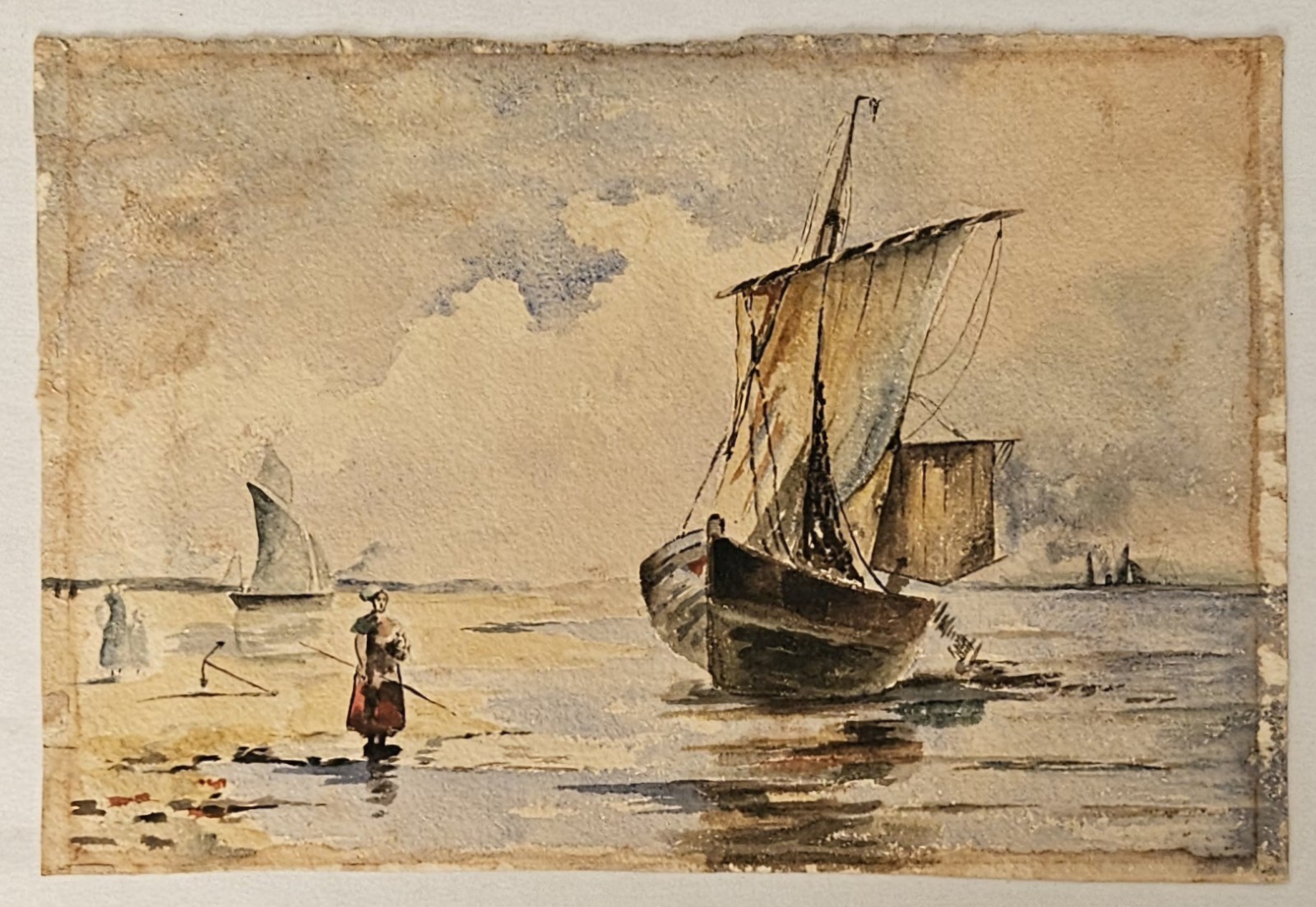 c. 1900 Antique Original Watercolor Coastal Fishing Boat Maritime Scene