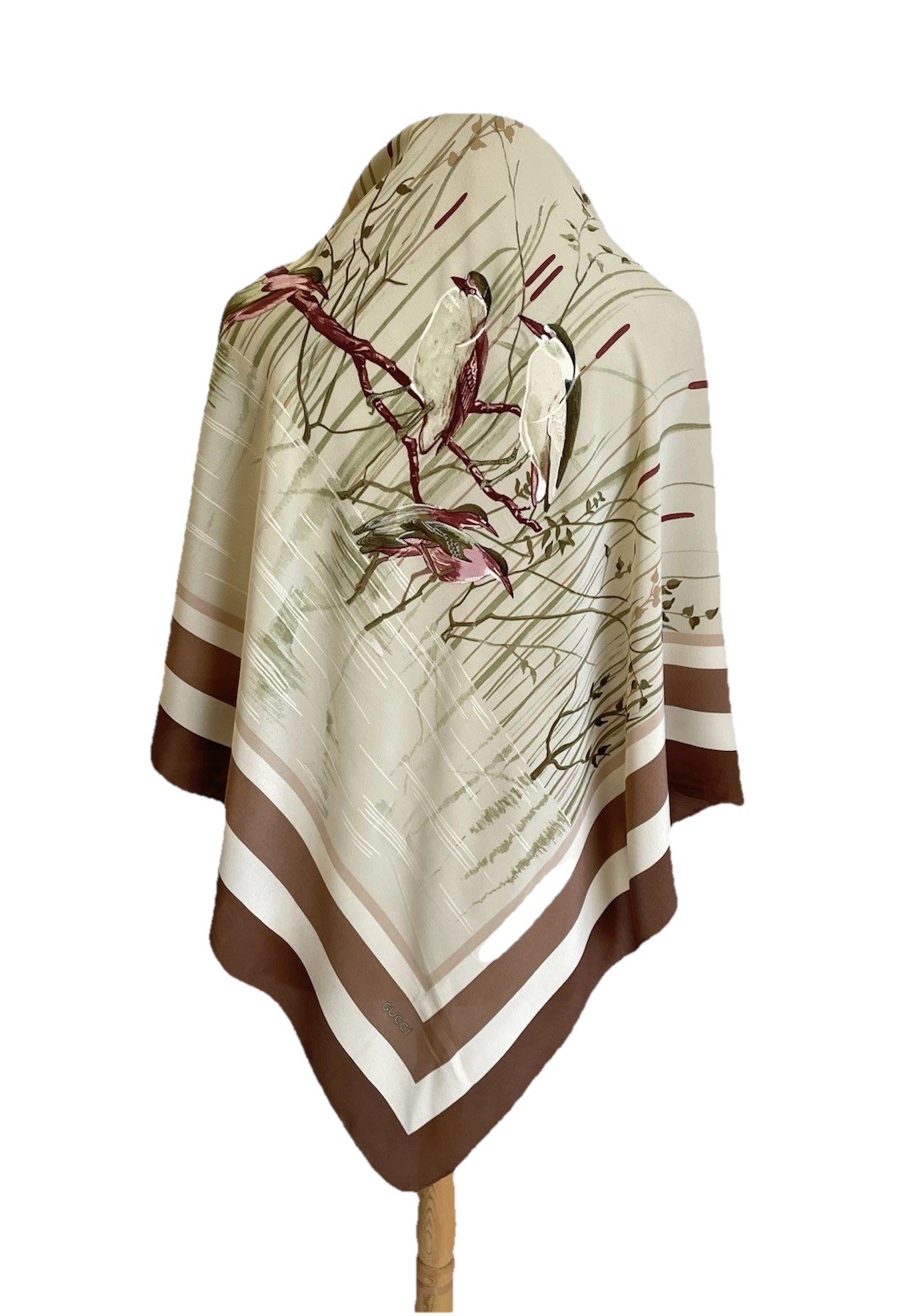 S59# VTG GUCCI Silk Scarf Birds Botanical Pond Heron Reeds Beige Brown Foulard