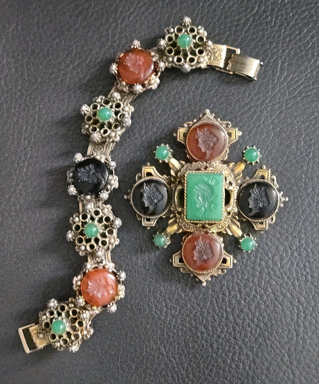 Vintage Florenza Maltese Cross Brooch And Bracelet Set Intaglios Unsigned HTF