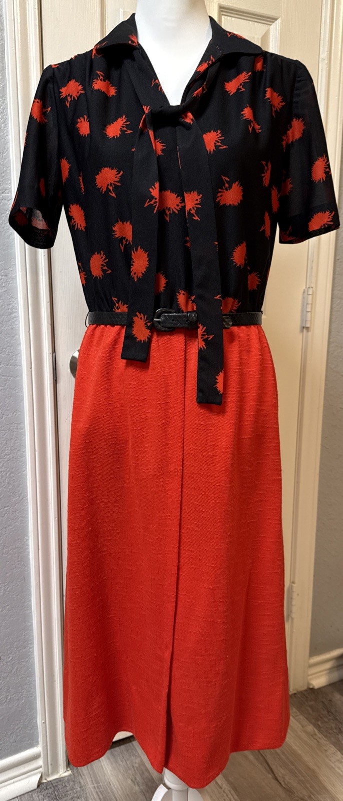 Vintage 1960\'s  Red Mod GOGO Secretary Dress High Waist Midi Belt Scarf Tie