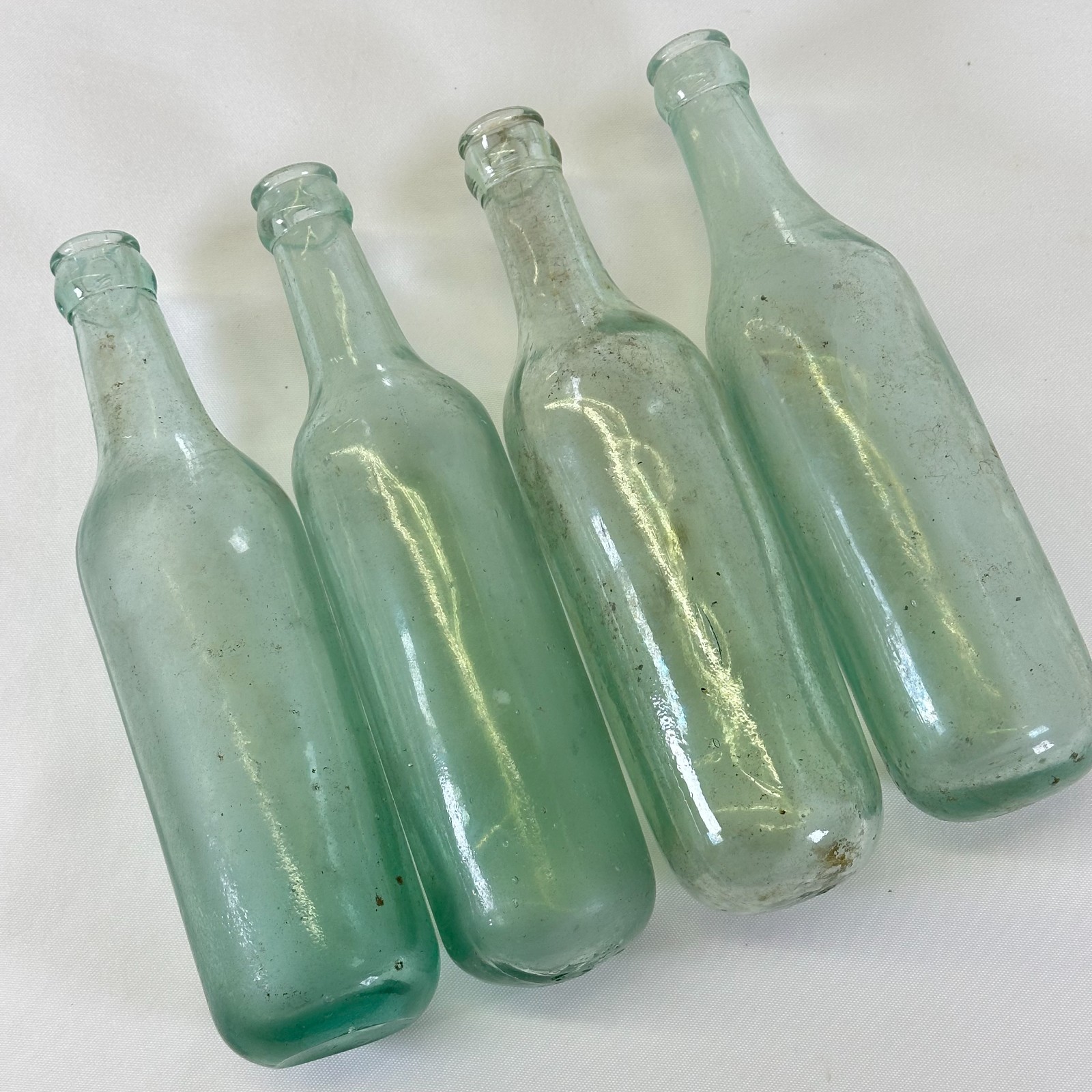 Lot 4 Antique Aqua Glass Beer Bottles Blob Top 9 1/2