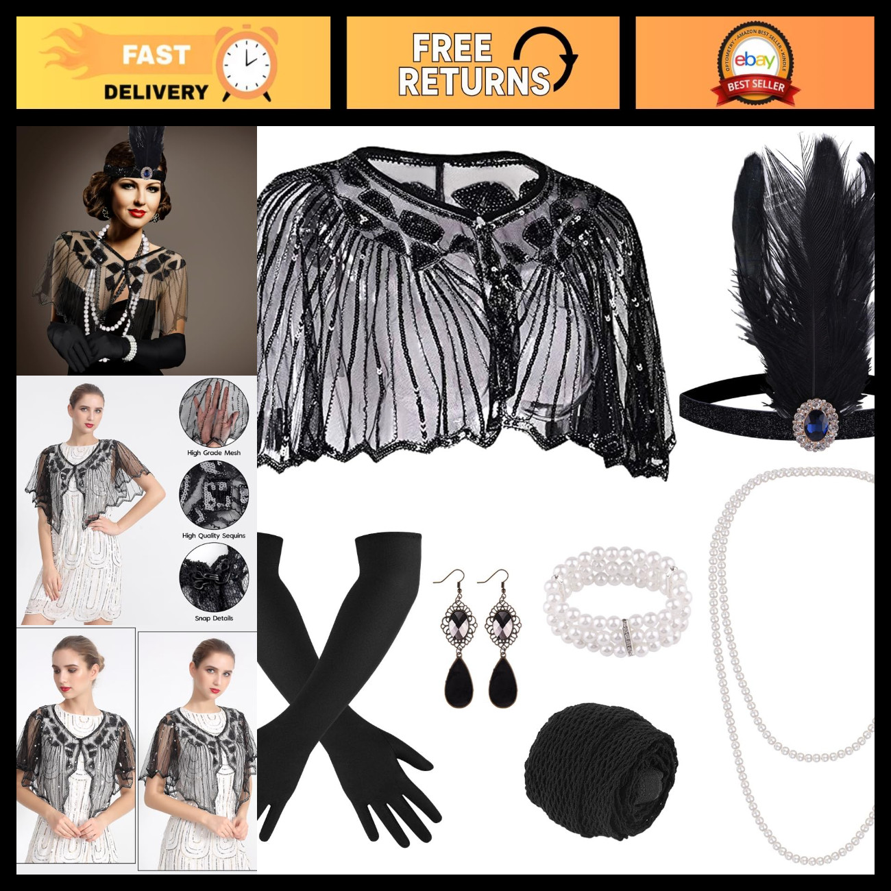 1920s Flapper Gatsby Accessories Set - 10 Pieces Vintage Costume Jewelry for Wom
