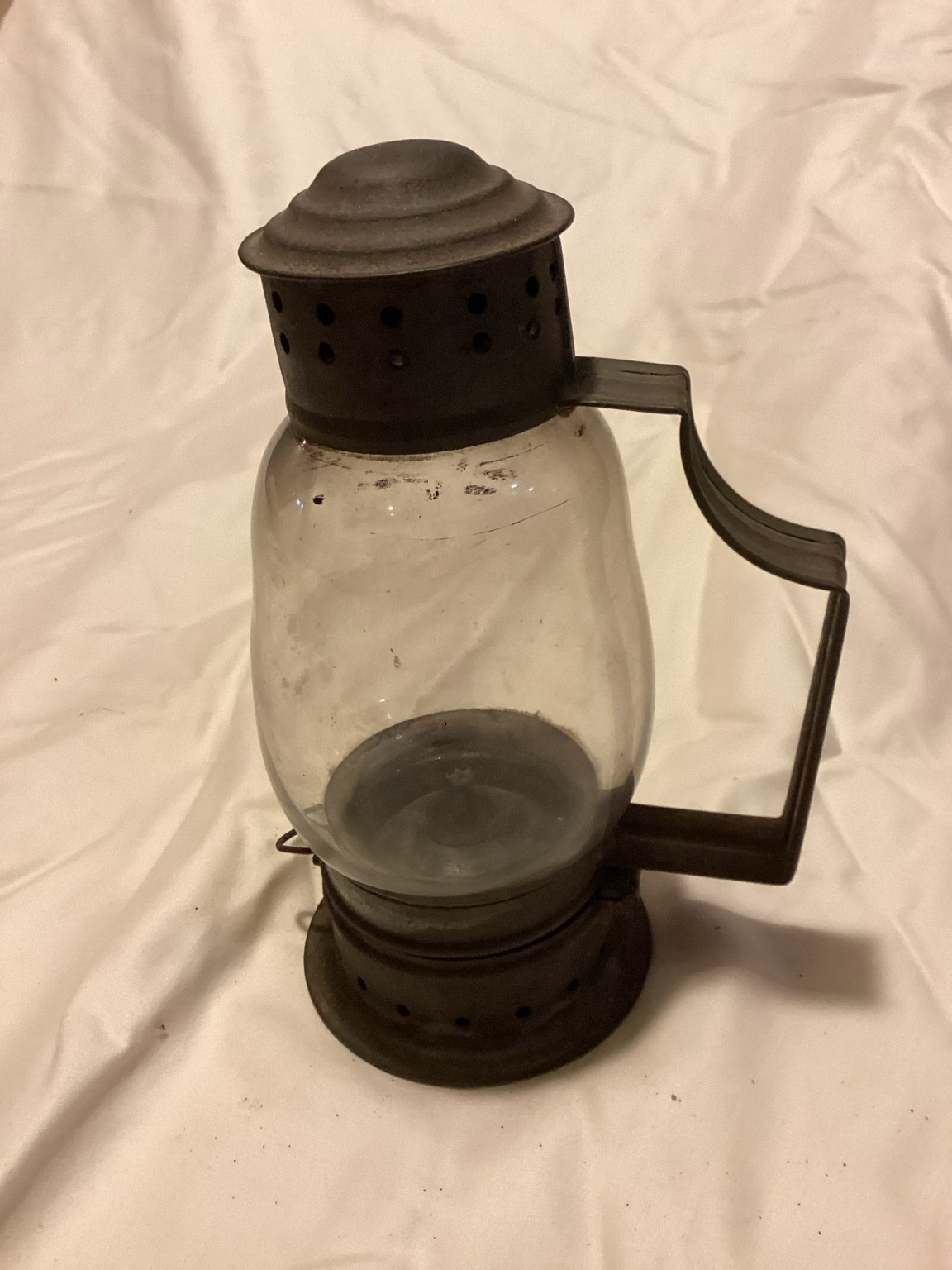 Antique 19th C Skater’s Hand Lantern Clear Glass Globe Tin Kerosene Oil Lamp
