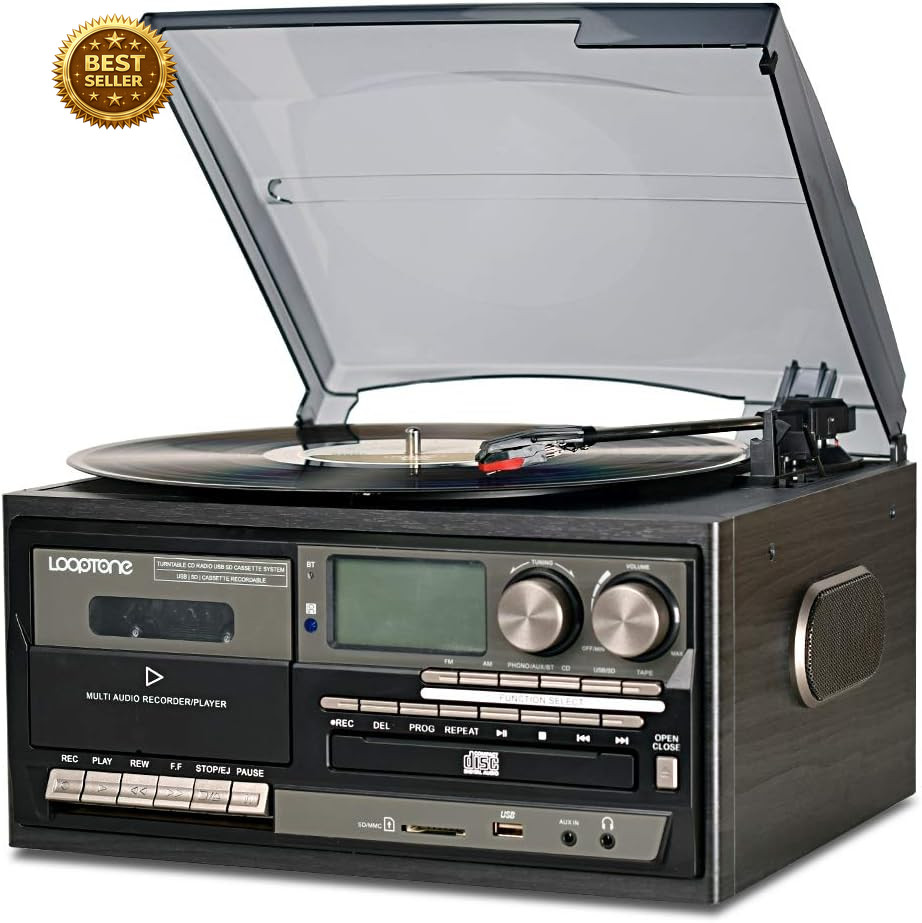 Vinyl Record Player 9 in 1 3 Speed Bluetooth Vintage Turntable CD Cassette Playe