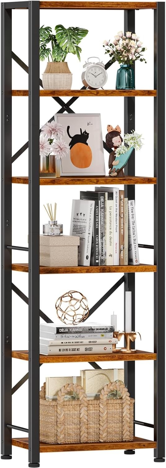 6 Tier Tall Narrow Bookshelf Rustic Brown Industrial Display Shelf