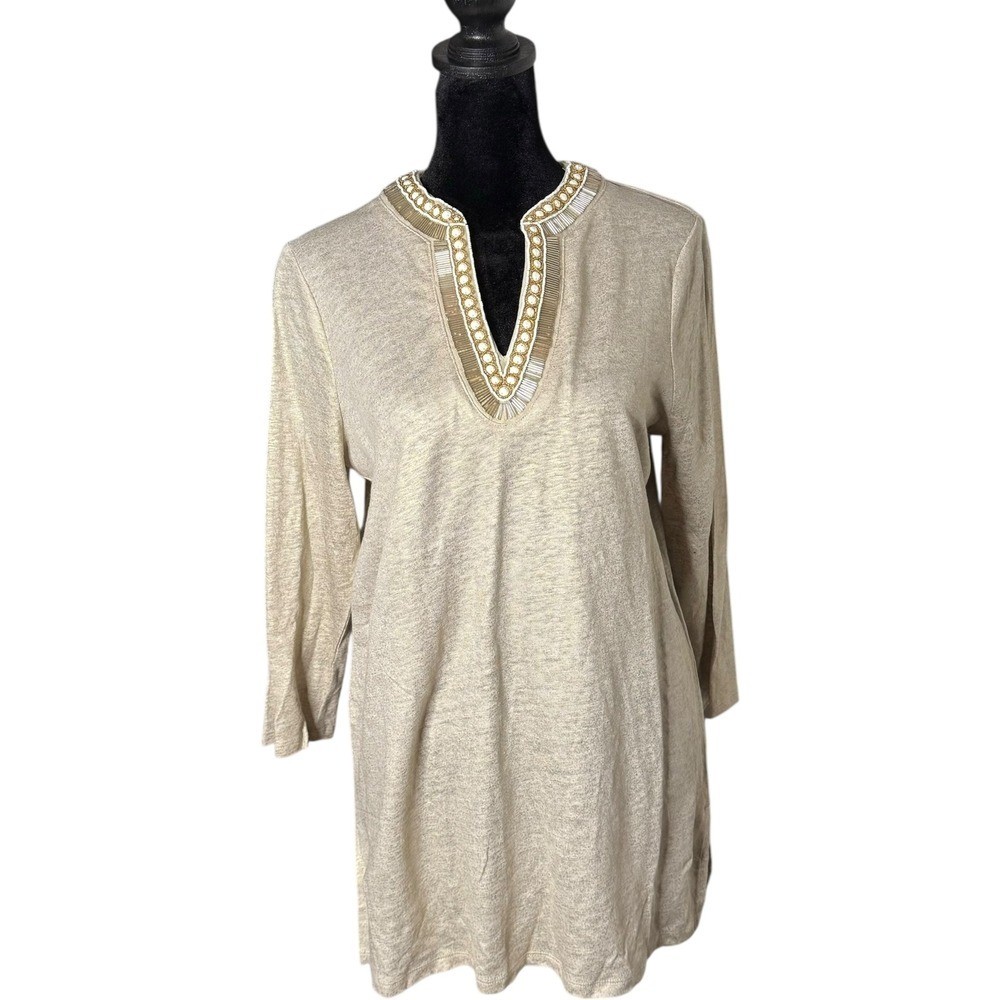 Chicos 100% Linen Beaded Tunic Womens S Gold Metallic 3/4 Sleeve Coastal Boho