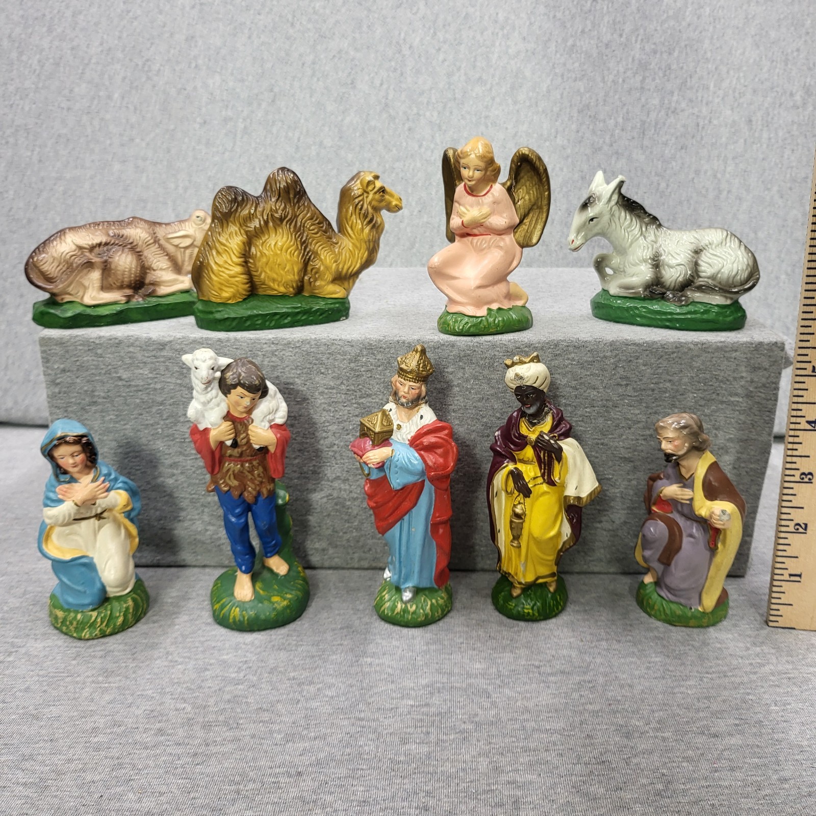 Vintage Chalkware Nativity Set 9 Pc Wise Men Mary Joseph Angel Animals 3-6\