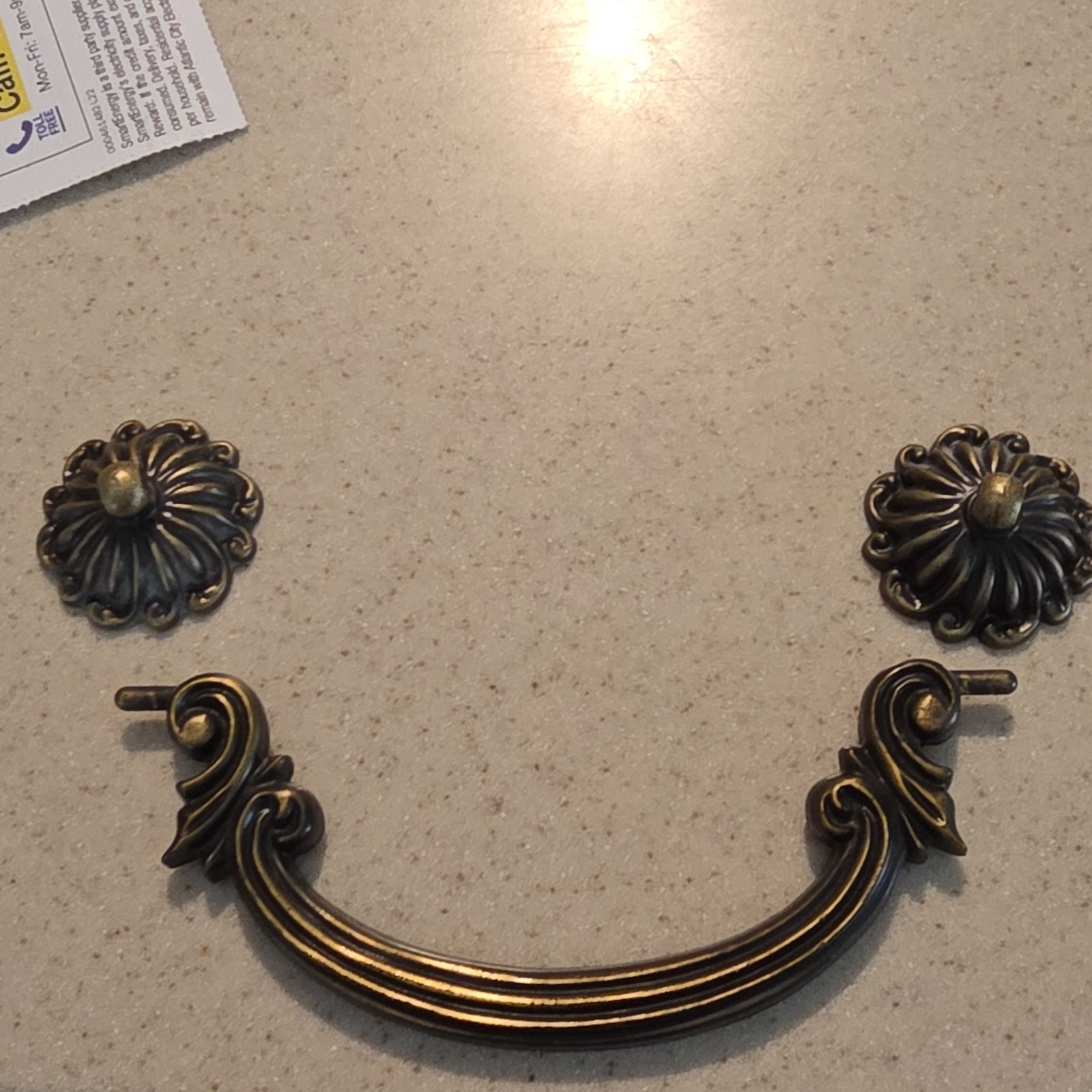 (9)-Kathy Ireland Antique Brass Drawer Bail Pulls w/ Rosette Backplates (9)-Kathy Ireland Antique Brass Drawer Bail Pulls w/ Rosette Backplates