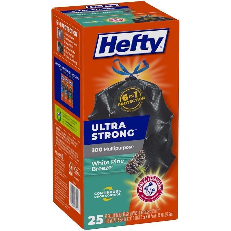 Hefty Ultra Strong Large Trash Garbage Bags 30 Gallon, 25pc Pine Breeze