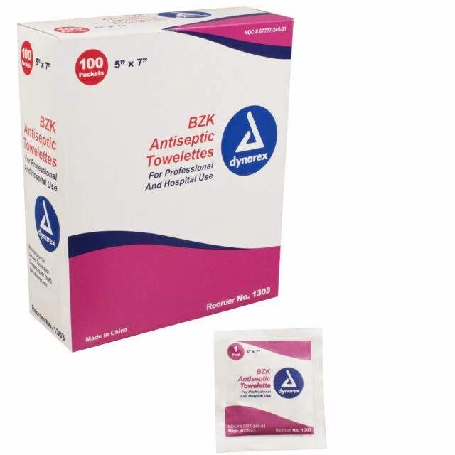 Dynarex BZK Antiseptic Washcloth Wipe Towelettes 5x7 Sanitizing 100 Wipes Pack