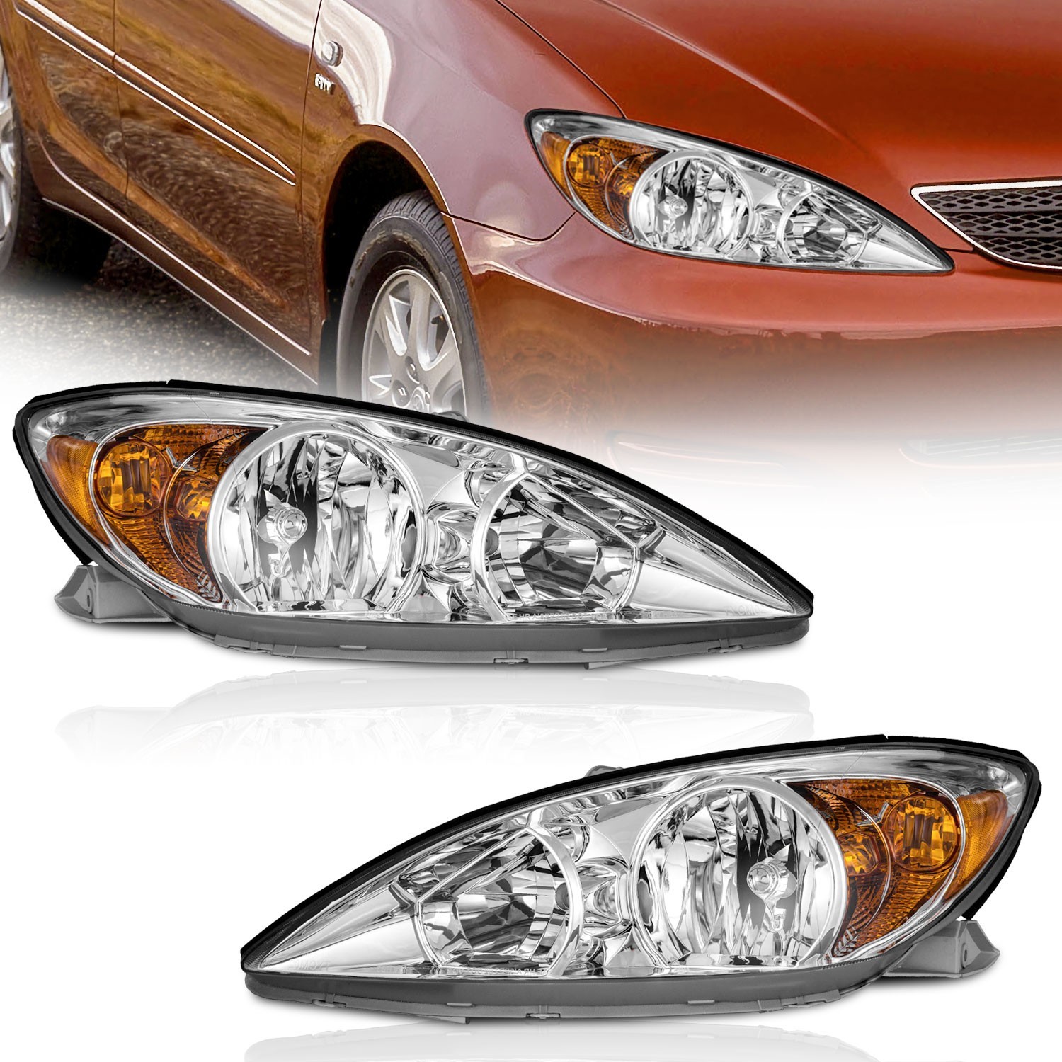 Pair Headlights Assembly For 2002-2004 Toyota Camry Chrome Headlamps, w/o Bulbs Pair Headlights Assembly For 2002-2004 Toyota Camry Chrome Headlamps, w/o Bulbs