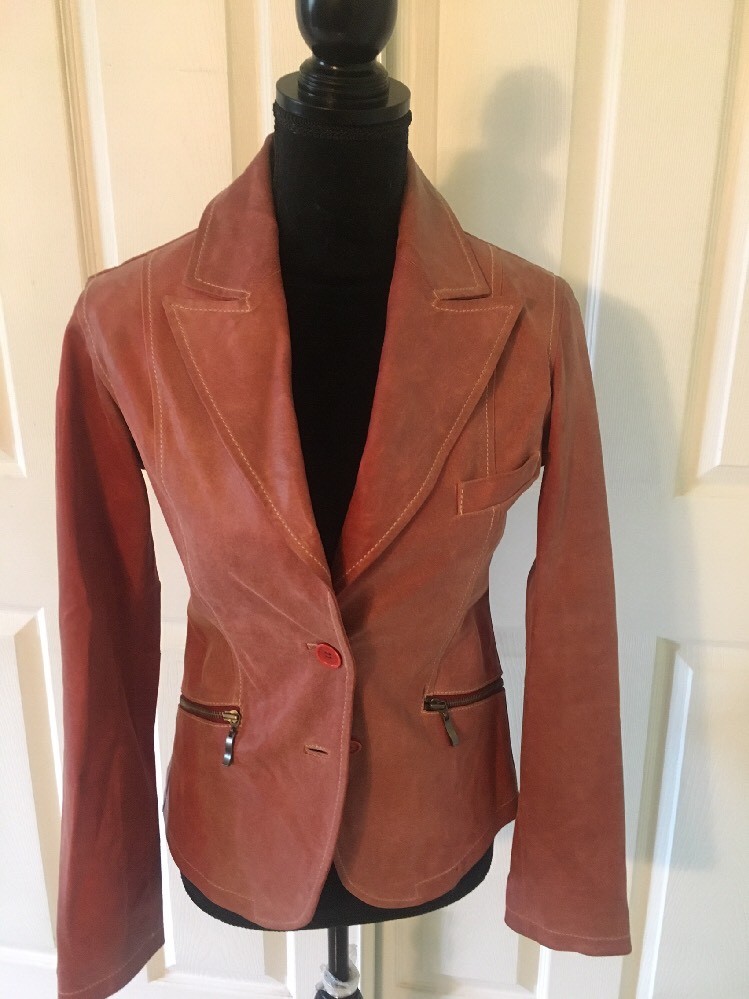 $ 1095 NWOT COW HIDE LEATHER BLASER JACKET FROSTY RED SZ S FRANCE