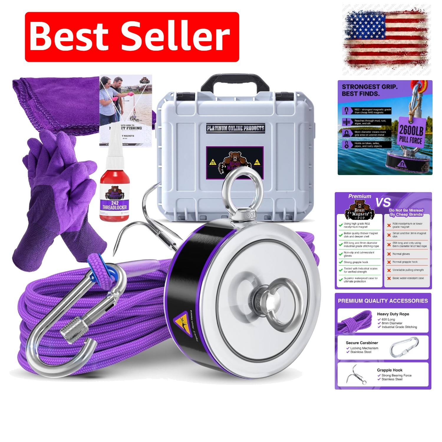 2600LB’s Complete Magnet Fishing Kit | Double Sided Fishing Magnet Kit with C...