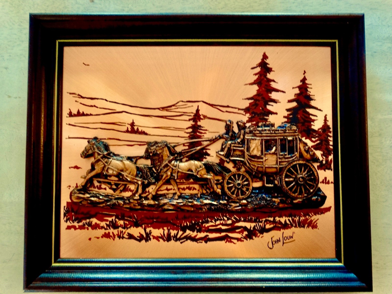 VINTAGE 1976 JOHN LOUW COPPER WALL ART U.S. MAIL PONY EXPRESS STAGECOACH SIGNED
