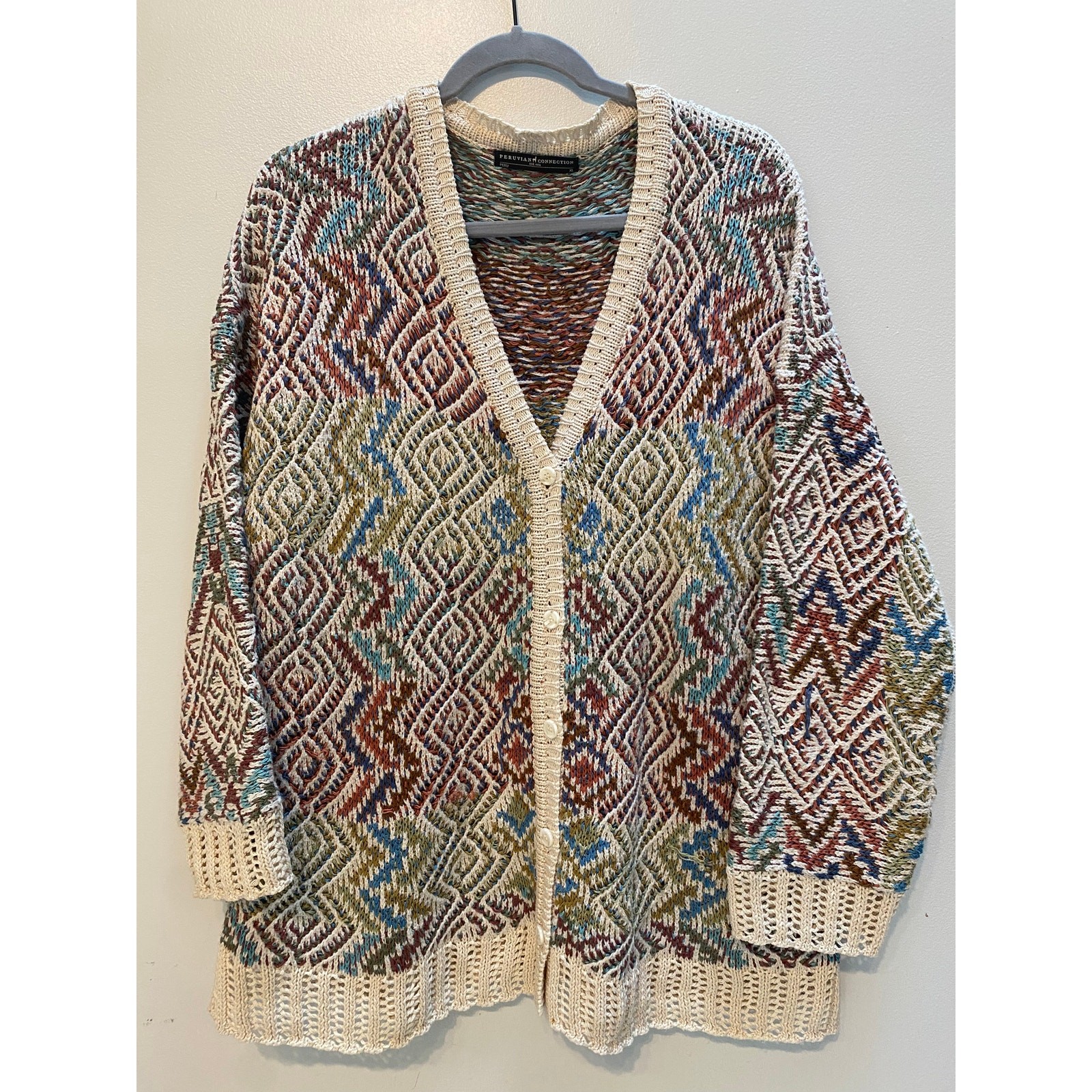 Vtg Peruvian Connection Knit Cardigan Sweater Geometric Pima Cotton XL Vtg Peruvian Connection Knit Cardigan Sweater Geometric Pima Cotton XL