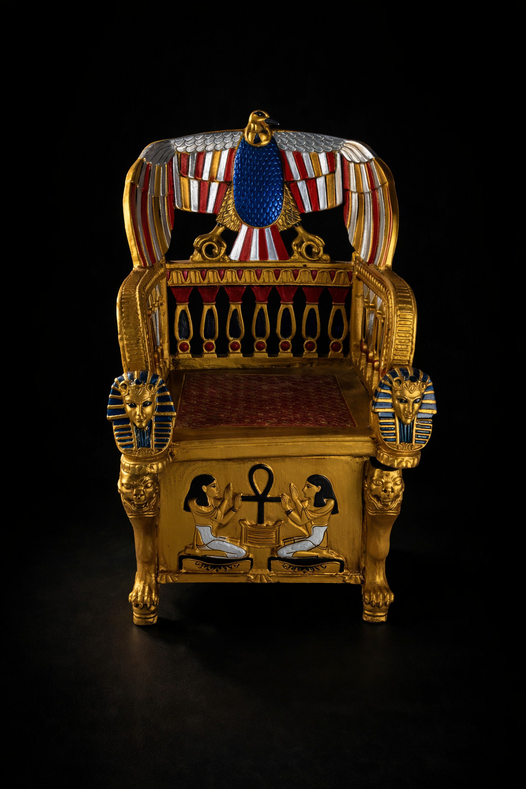 Ancient Egyptian Antique King Tutankhamun Throne Statue Stone with Ankh Symbols