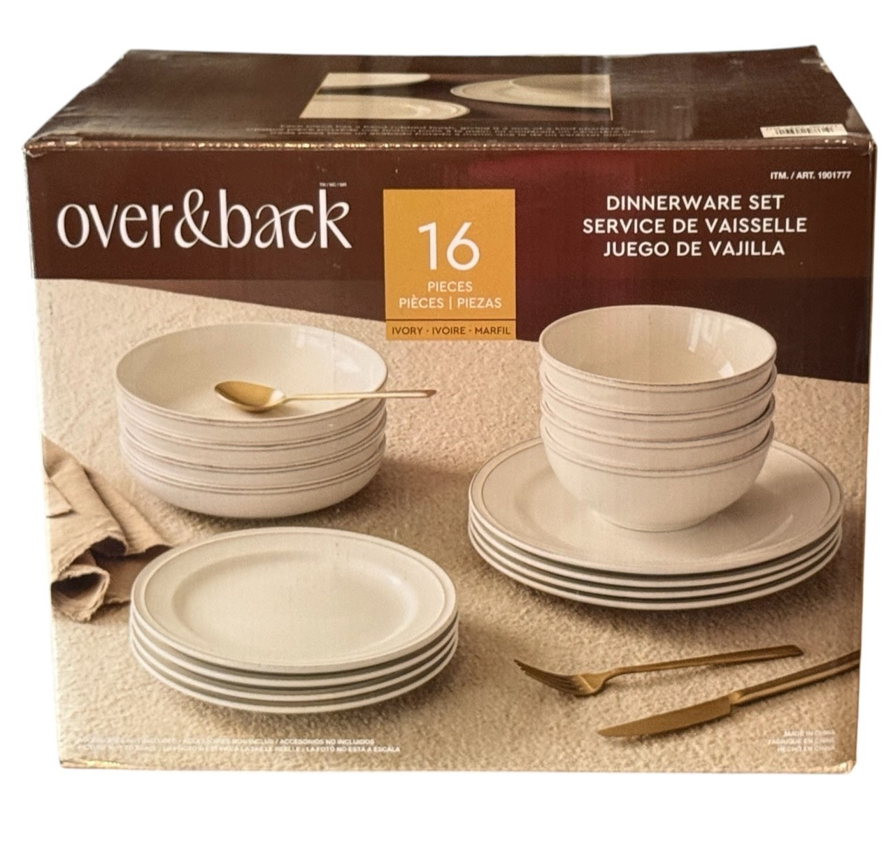 Over & Back 16-Piece Stoneware Dinnerware Set Service for 4 Plates Bowls Ivory