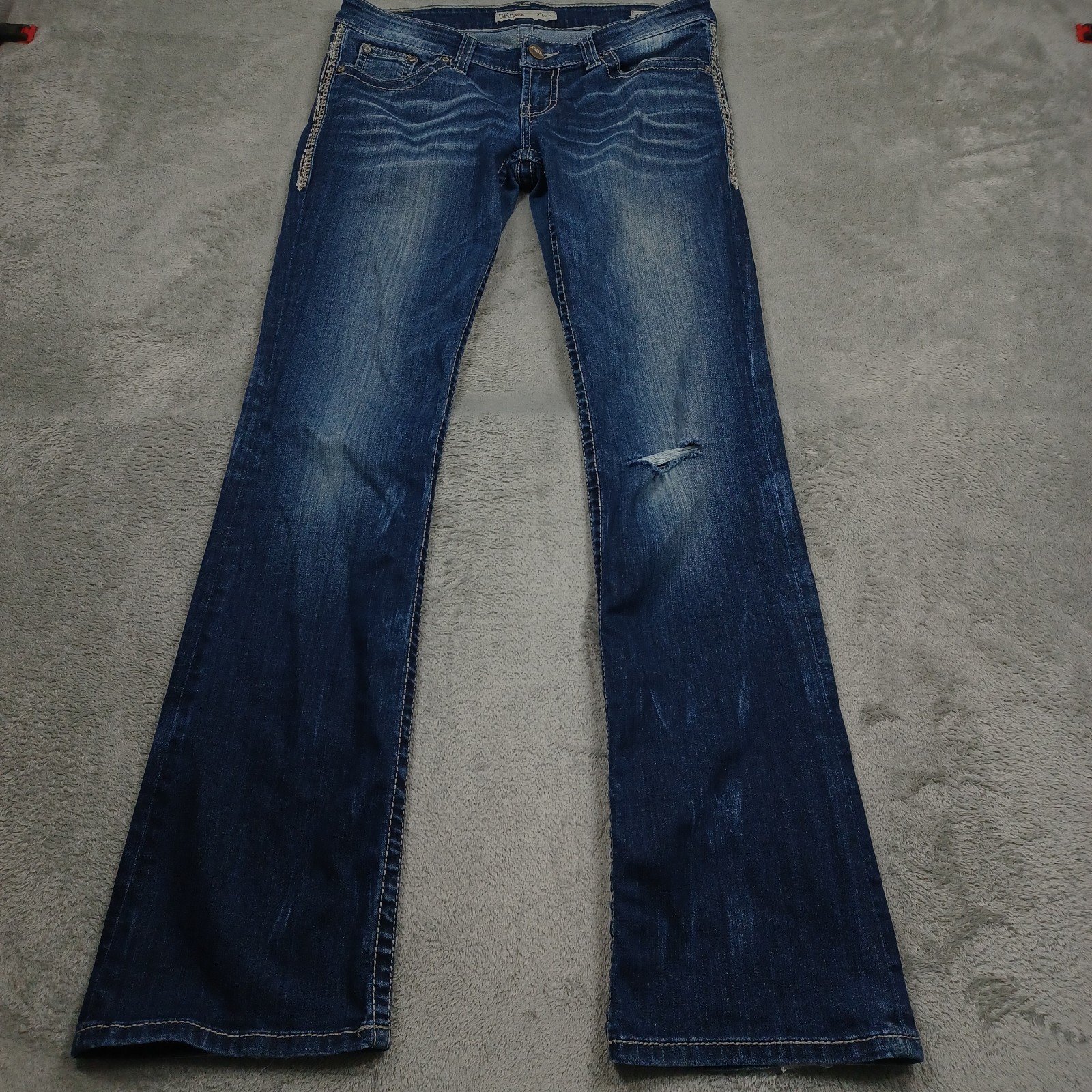 BKE Jeans Womens 29 Blue Denim Stella Low Rise Bootcut Distressed Dark Wash BKE Jeans Womens 29 Blue Denim Stella Low Rise Bootcut Distressed Dark Wash